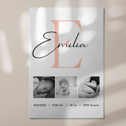 Magnetisches Fotoboard-Poster zur Geburt - Baby-Fotocollage mit Geburtsdaten im Schwarz-Weiß-Design