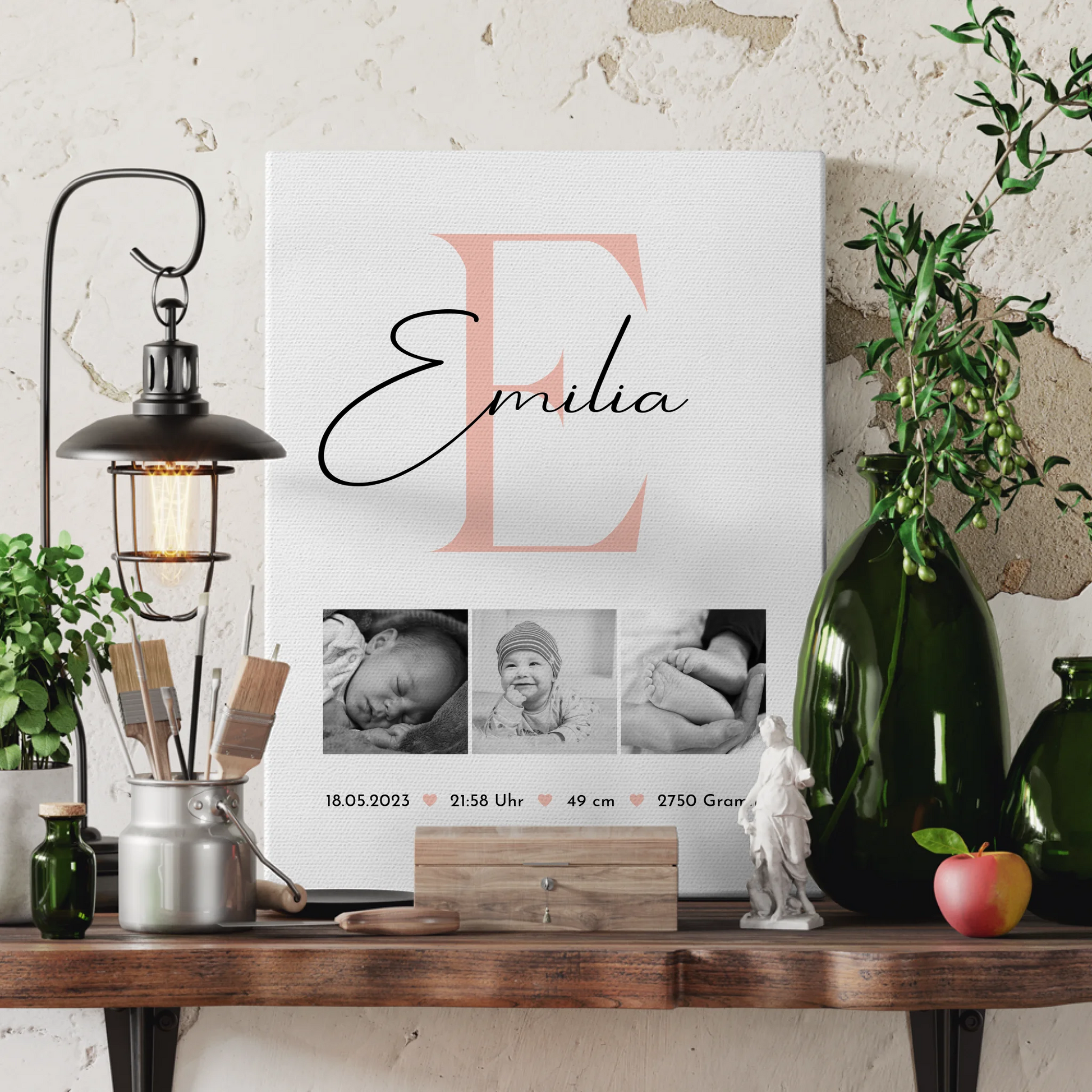 Wandbild Fotocollage zur Geburt Baby mit Geburtsdaten Black and White personalisiertes Geschenk 3