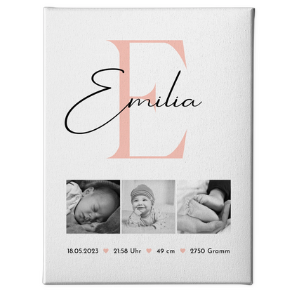 Wandbild Fotocollage zur Geburt Baby mit Geburtsdaten Black and White personalisiertes Geschenk 1