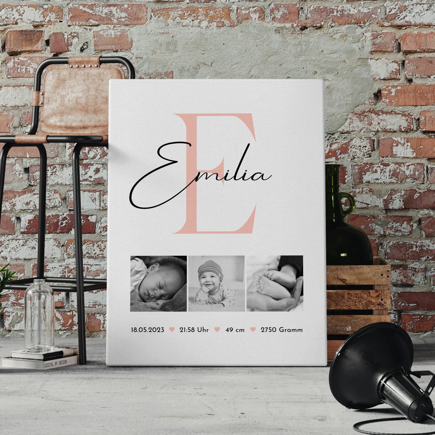 Wandbild Fotocollage zur Geburt Baby mit Geburtsdaten Black and White personalisiertes Geschenk 4