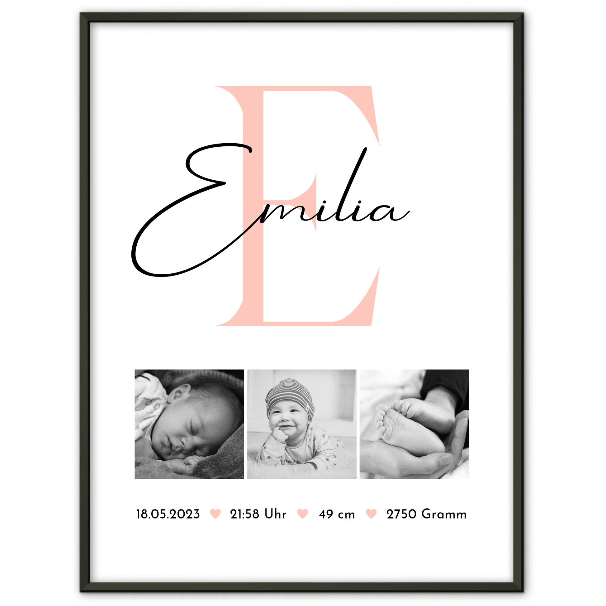 Poster Mit Geburtsdaten Baby Fotocollage zur Geburt Geburtsdaten Black and White Design 1
