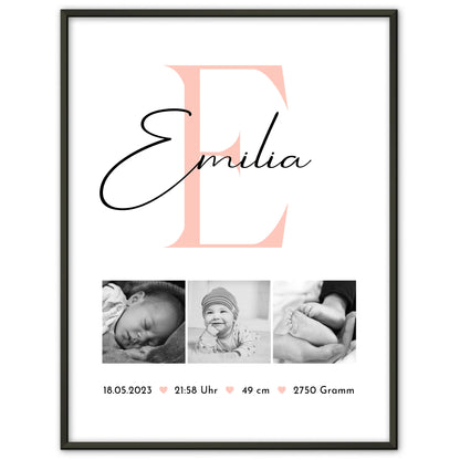Poster Mit Geburtsdaten Baby Fotocollage zur Geburt Geburtsdaten Black and White Design 1