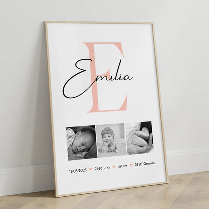 Poster Mit Geburtsdaten Baby Fotocollage zur Geburt Geburtsdaten Black and White Design 3