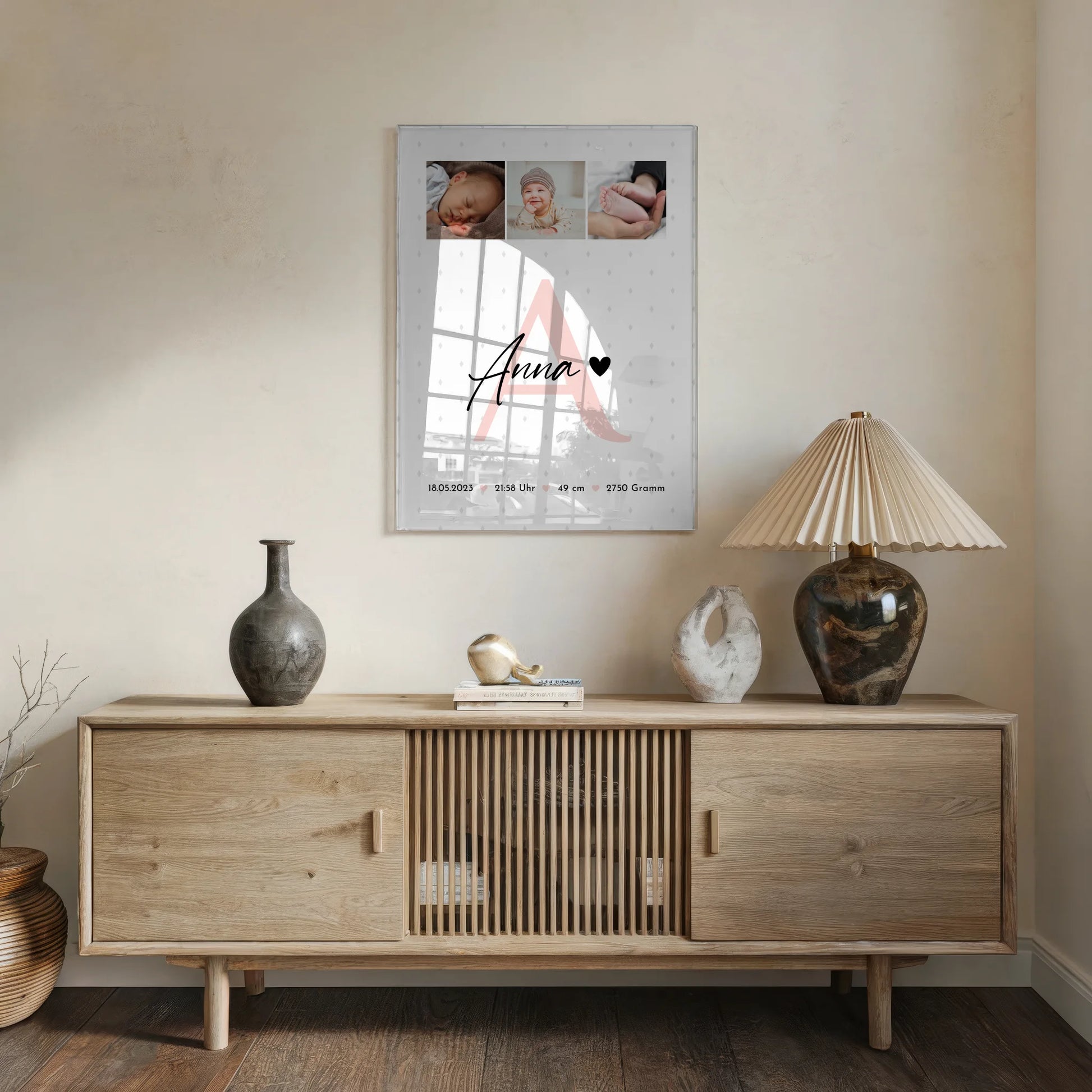 Foto Acrylglas Geburt Baby mit 4 Fotos Geburtsdaten und Rauten Muster personalisiert 5