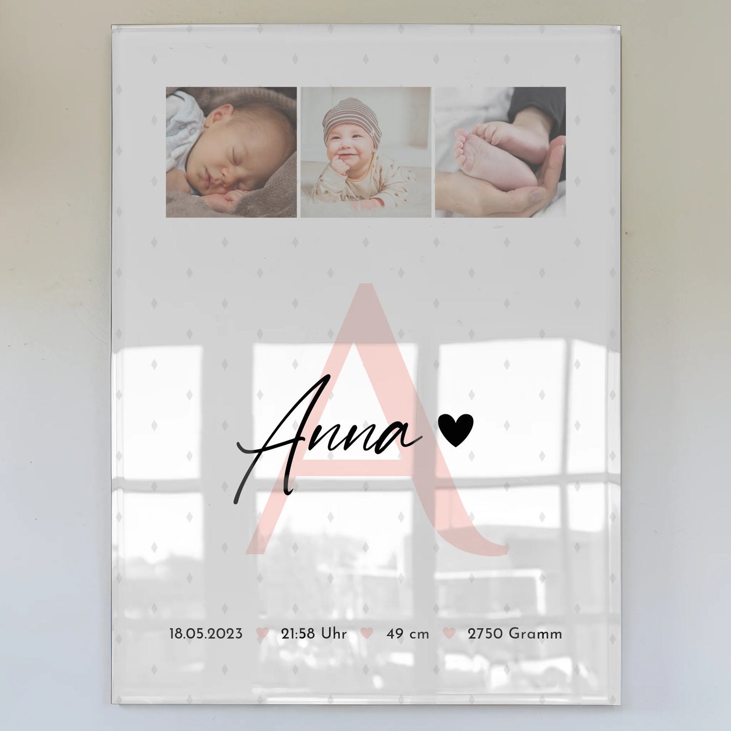 Foto Acrylglas Geburt Baby mit 4 Fotos Geburtsdaten und Rauten Muster personalisiert 1