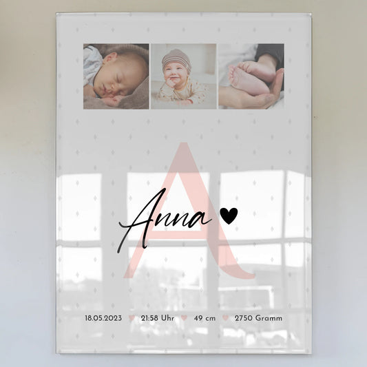 Foto Acrylglas Geburt Baby mit 4 Fotos Geburtsdaten und Rauten Muster personalisiert 1