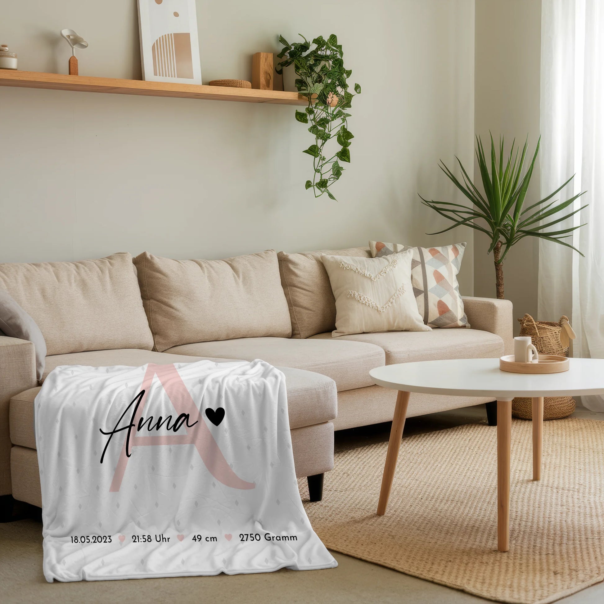 Babydecke Namen Geburt Baby mit 4 Fotos Geburtsdaten Rauten Muster personalisiert 4