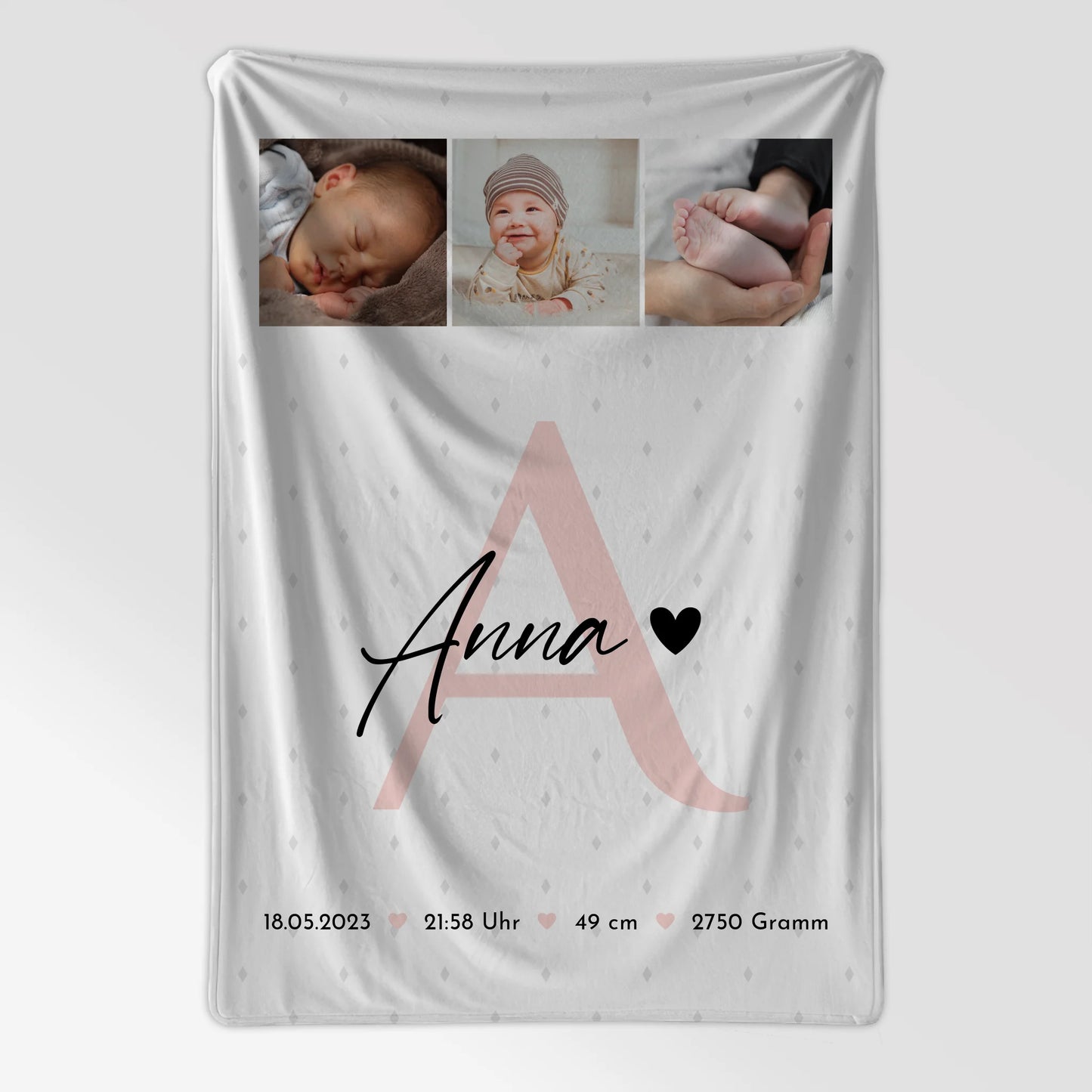 Babydecke Namen Geburt Baby mit 4 Fotos Geburtsdaten Rauten Muster personalisiert 7