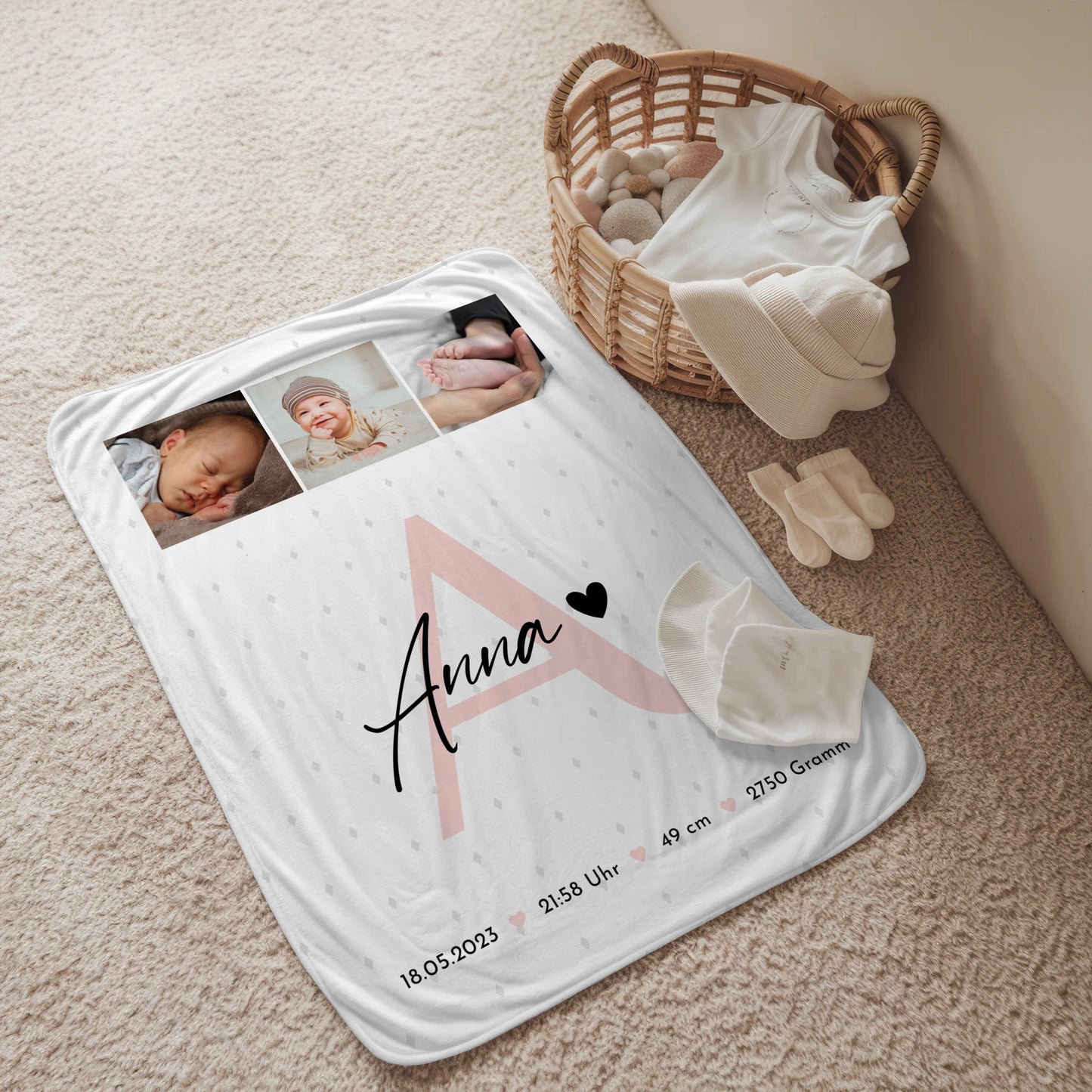 Babydecke Namen Geburt Baby mit 4 Fotos Geburtsdaten Rauten Muster personalisiert 2