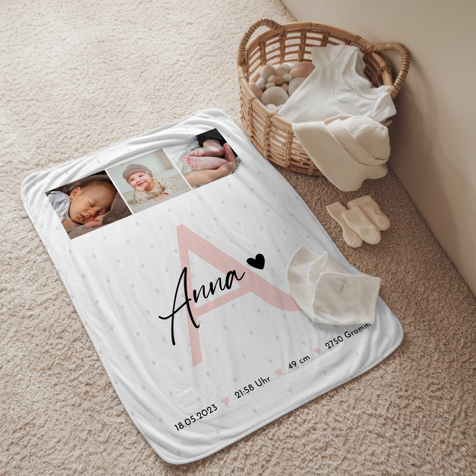 Babydecke Namen Geburt Baby mit 4 Fotos Geburtsdaten Rauten Muster personalisiert 2