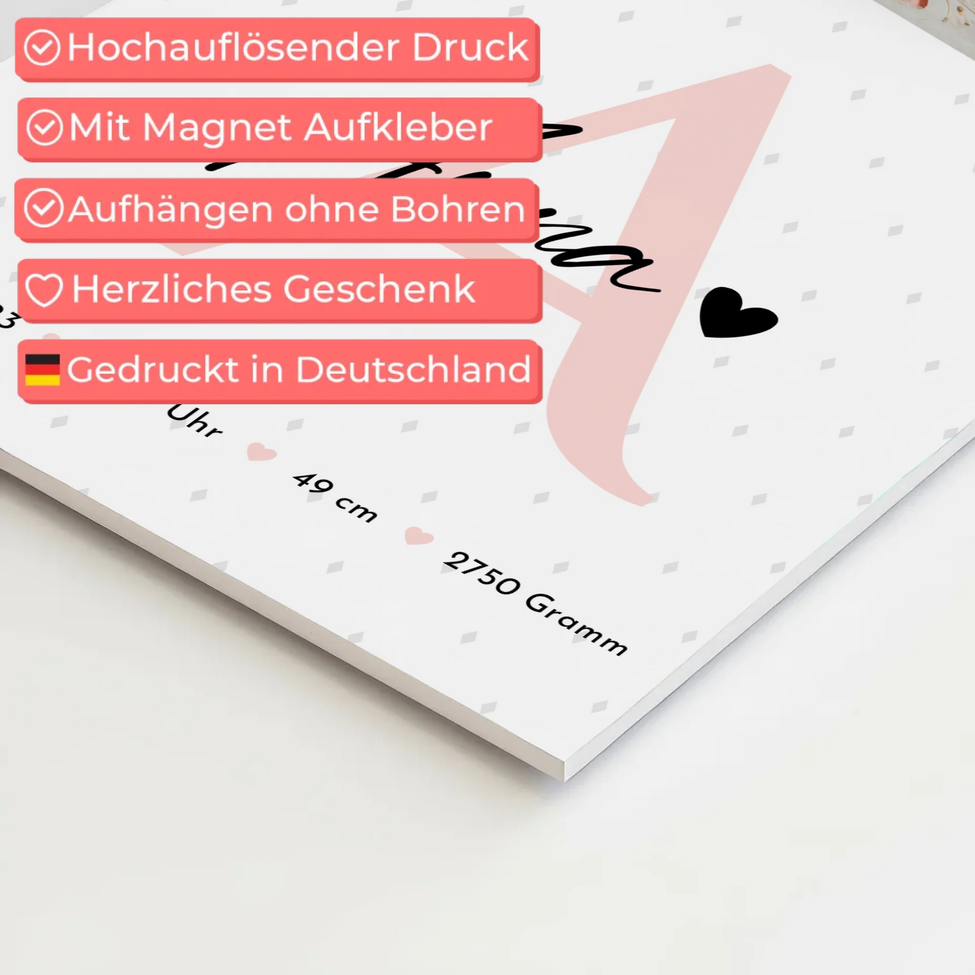 Fotoboard Poster Magnetisch zur Geburt Baby mit 4 Fotos Geburtsdaten Rauten Muster 4