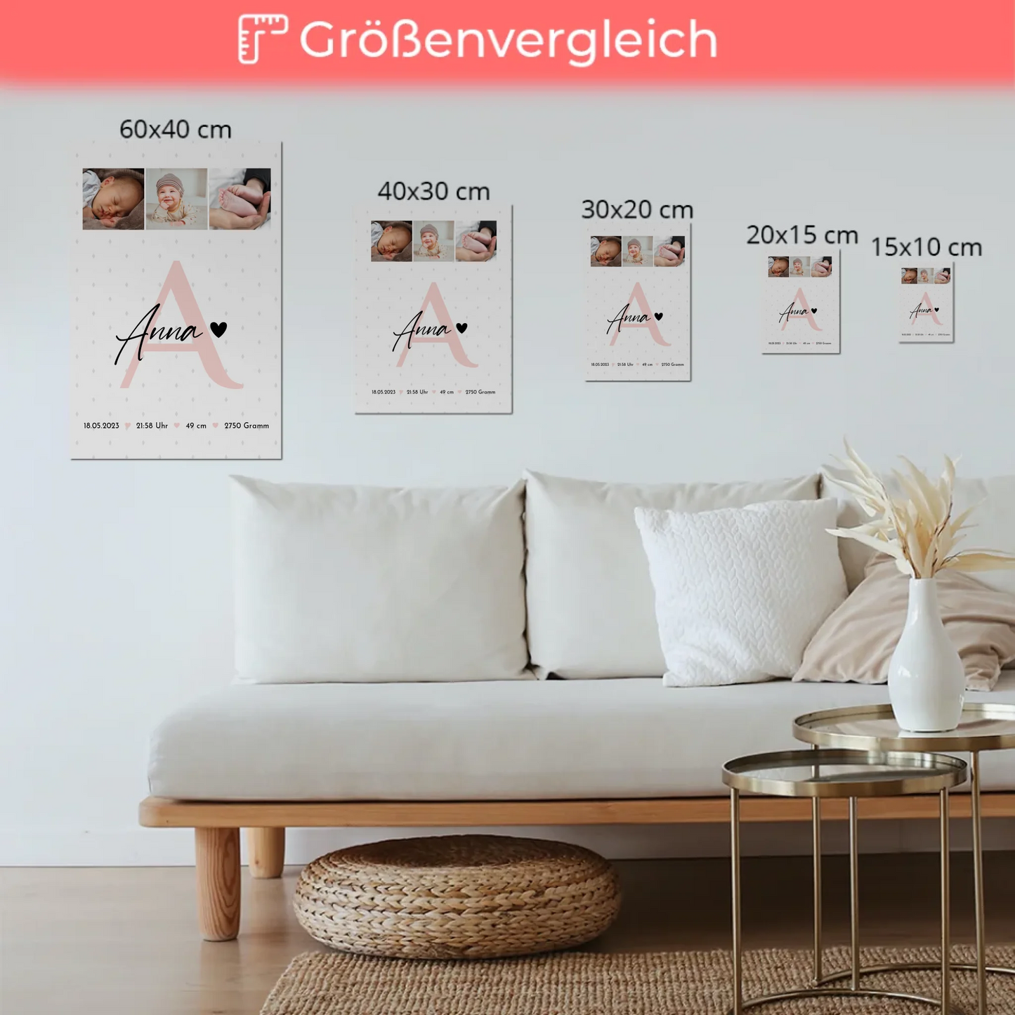 Fotoboard Poster Magnetisch zur Geburt Baby mit 4 Fotos Geburtsdaten Rauten Muster