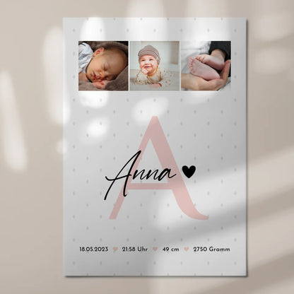 Fotoboard Poster Magnetisch zur Geburt Baby mit 4 Fotos Geburtsdaten Rauten Muster 7