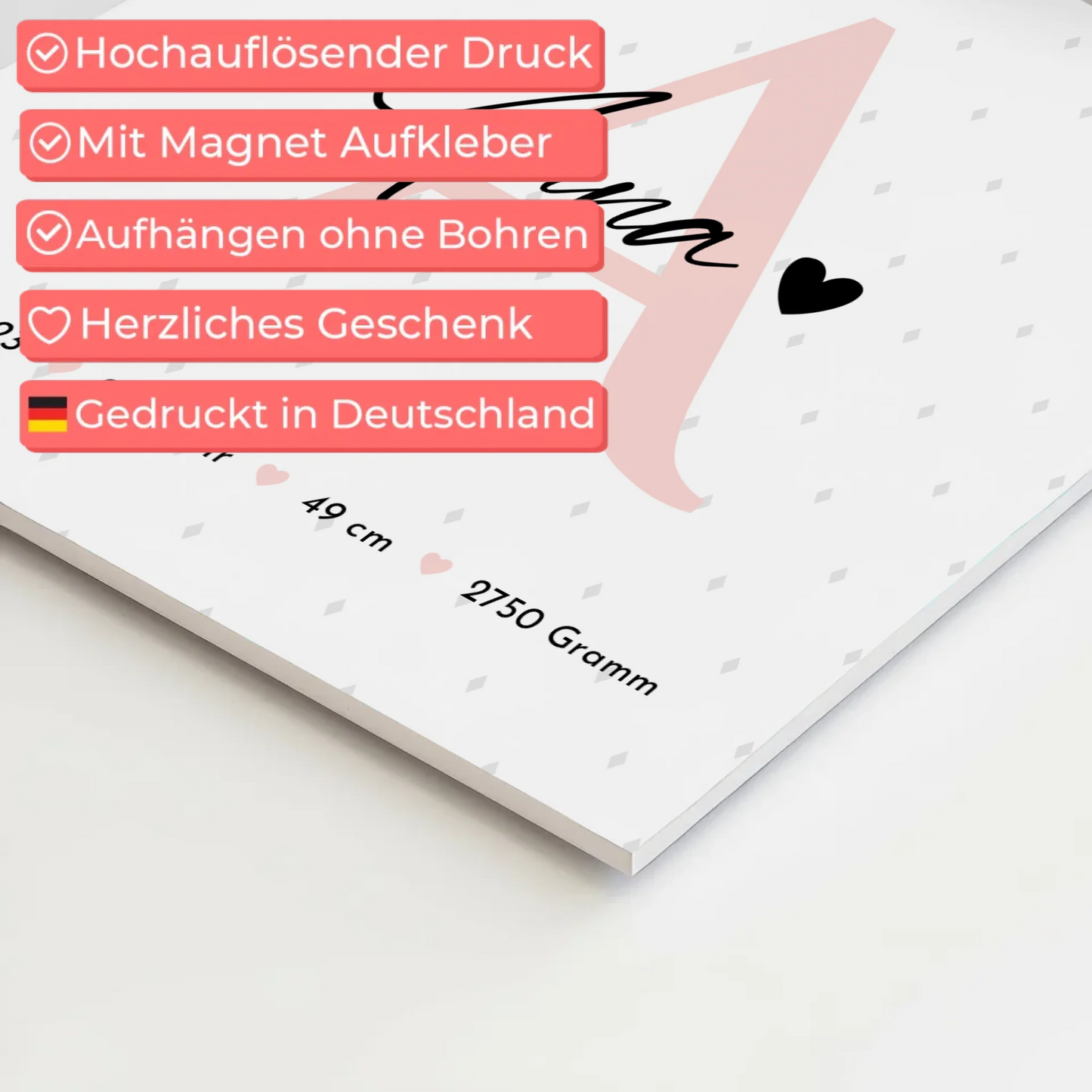 Fotoboard Poster Magnetisch zur Geburt Baby mit 4 Fotos Geburtsdaten Rauten Muster 10