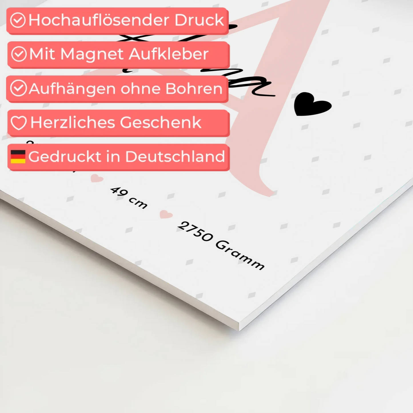 Fotoboard Poster Magnetisch zur Geburt Baby mit 4 Fotos Geburtsdaten Rauten Muster