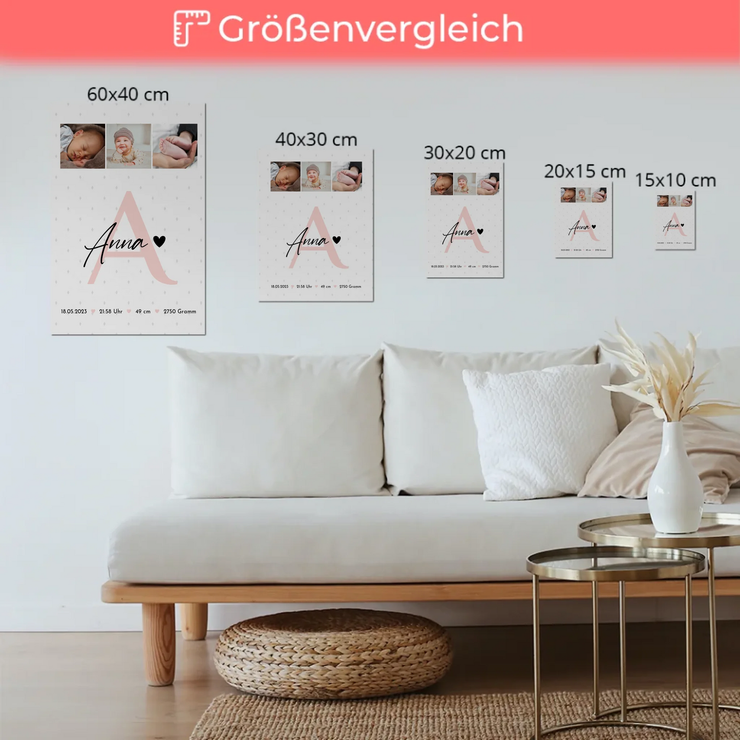 Fotoboard Poster Magnetisch zur Geburt Baby mit 4 Fotos Geburtsdaten Rauten Muster