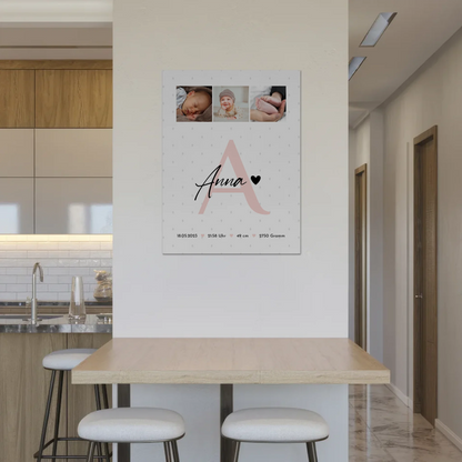 Fotoboard Poster Magnetisch zur Geburt Baby mit 4 Fotos Geburtsdaten Rauten Muster