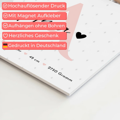 Fotoboard Poster Magnetisch zur Geburt Baby mit 4 Fotos Geburtsdaten Rauten Muster