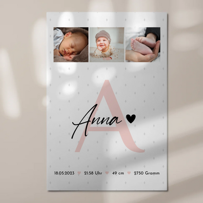 Fotoboard Poster Magnetisch zur Geburt Baby mit 4 Fotos Geburtsdaten Rauten Muster