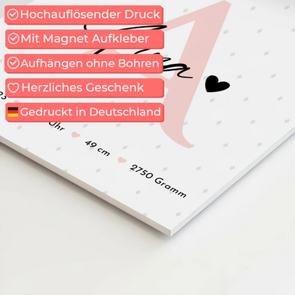 Fotoboard Poster Magnetisch zur Geburt Baby mit 4 Fotos Geburtsdaten Rauten Muster