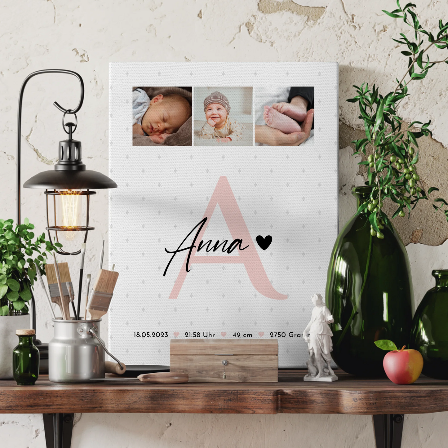 Leinwand Collagen Erstellen zur Geburt Baby mit 4 Fotos Geburtsdaten Rauten Muster 3