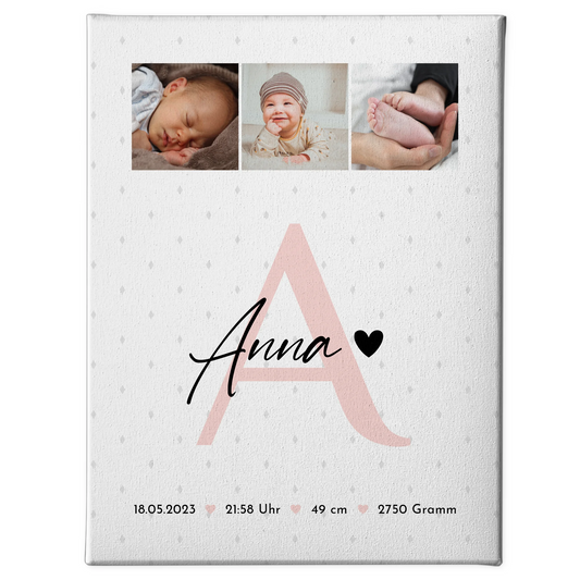 Leinwand Collagen Erstellen zur Geburt Baby mit 4 Fotos Geburtsdaten Rauten Muster 1