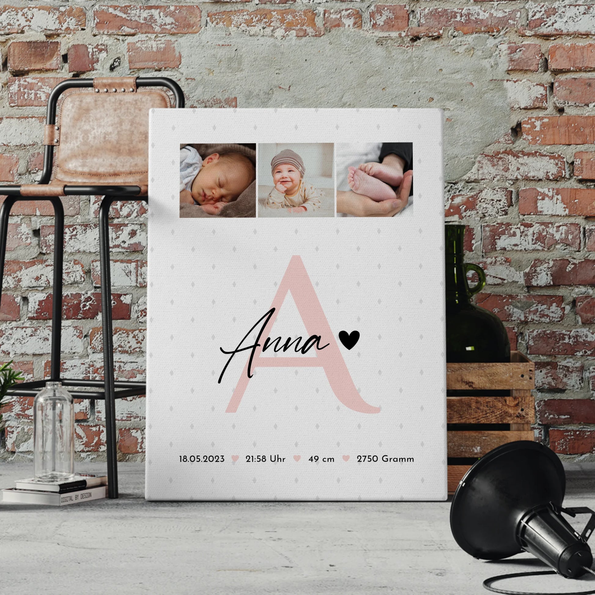Leinwand Collagen Erstellen zur Geburt Baby mit 4 Fotos Geburtsdaten Rauten Muster 4
