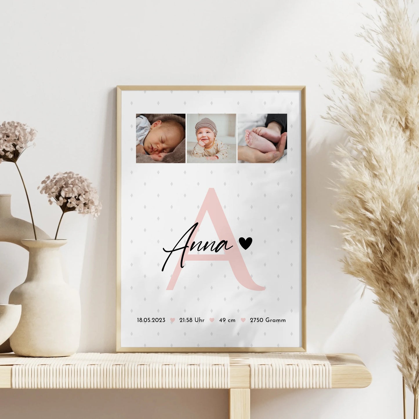 Poster Mit Geburtsdaten Baby Geburt 4 Fotos Rauten Muster personalisiertes Geschenk 4