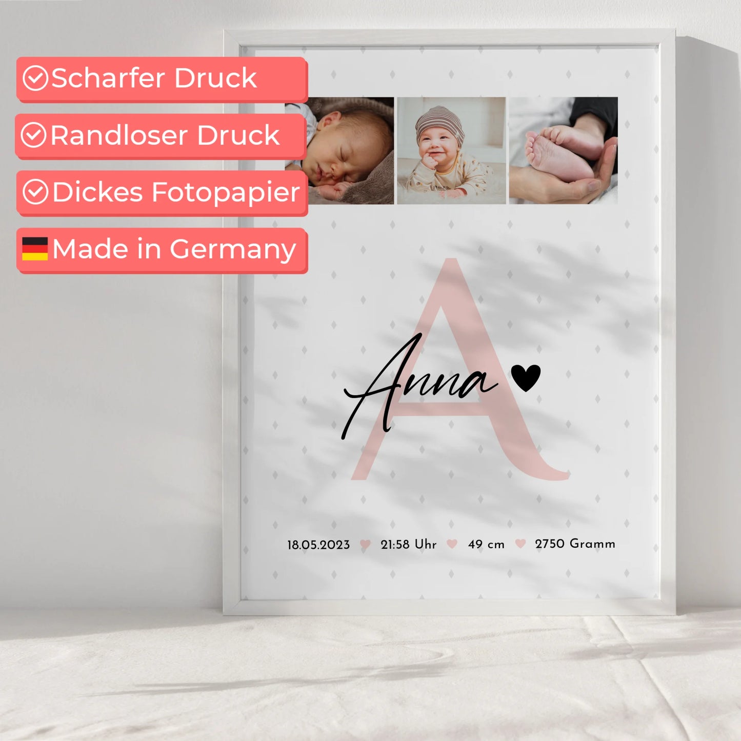 Poster Mit Geburtsdaten Baby Geburt 4 Fotos Rauten Muster personalisiertes Geschenk 6