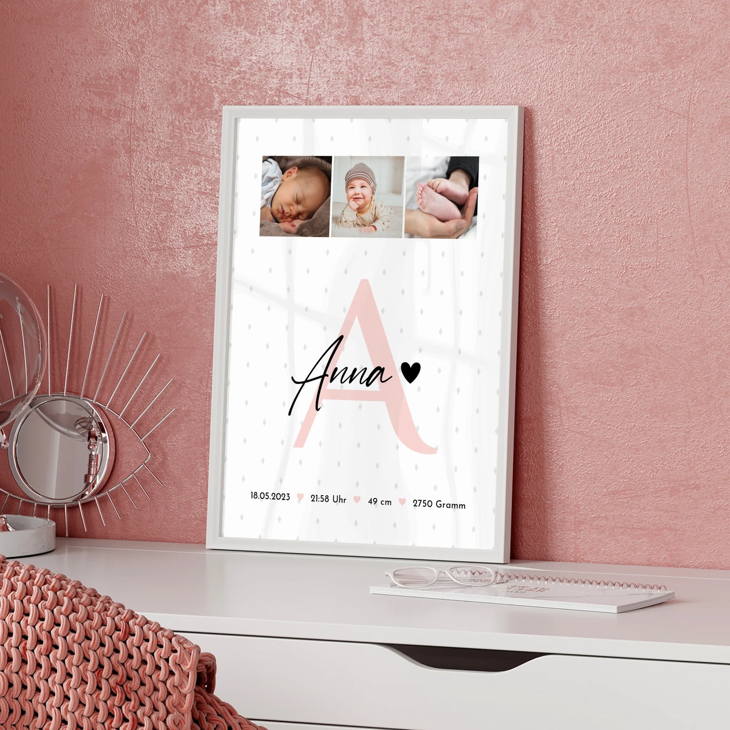 Poster Mit Geburtsdaten Baby Geburt 4 Fotos Rauten Muster personalisiertes Geschenk 5