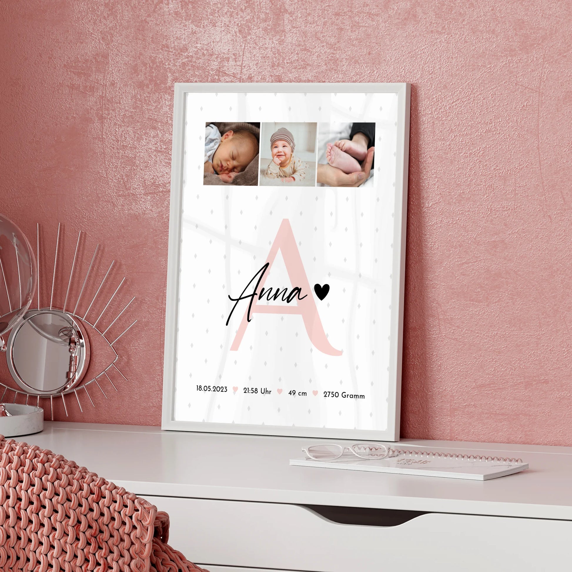 Poster Mit Geburtsdaten Baby Geburt 4 Fotos Rauten Muster personalisiertes Geschenk 5