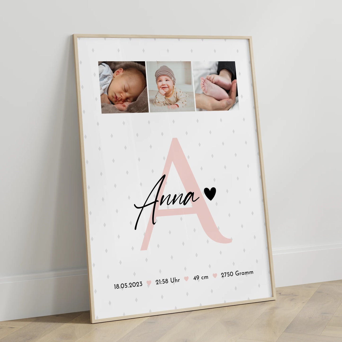 Poster Mit Geburtsdaten Baby Geburt 4 Fotos Rauten Muster personalisiertes Geschenk 3