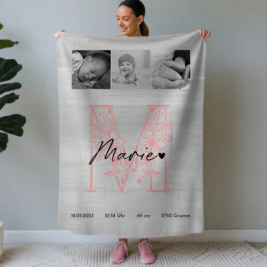 Personalisierte Babydecke zur Geburt mit Namen, Fotocollage und Geburtsdaten - Schwarz/Weiß 1