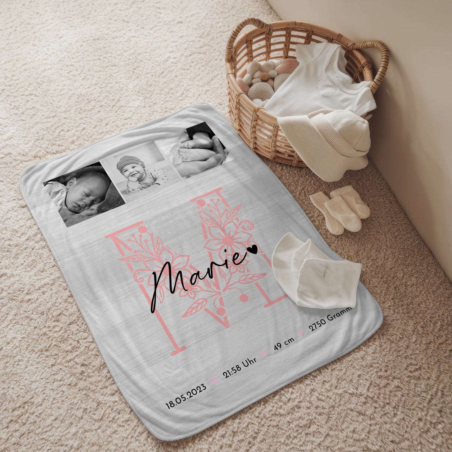 Personalisierte Babydecke zur Geburt mit Namen, Fotocollage und Geburtsdaten - Schwarz/Weiß 2