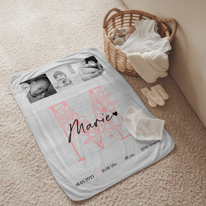 Personalisierte Babydecke zur Geburt mit Namen, Fotocollage und Geburtsdaten - Schwarz/Weiß 2