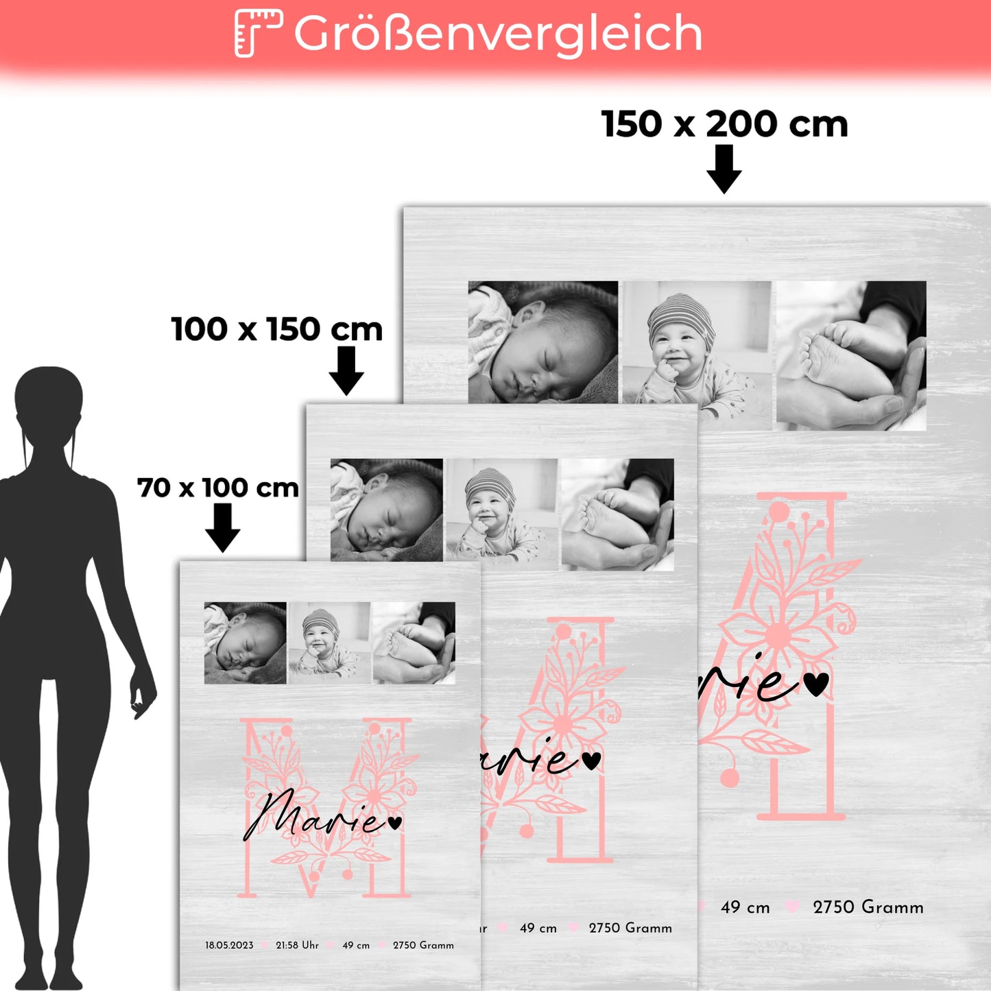Personalisierte Babydecke zur Geburt mit Namen, Fotocollage und Geburtsdaten - Schwarz/Weiß 5