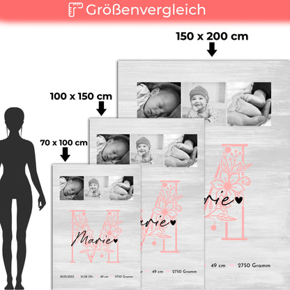 Personalisierte Babydecke zur Geburt mit Namen, Fotocollage und Geburtsdaten - Schwarz/Weiß 5