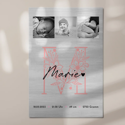 Fotoboard Magnet Wandbild Geburt Baby Fotocollage Geburtsdaten Black White