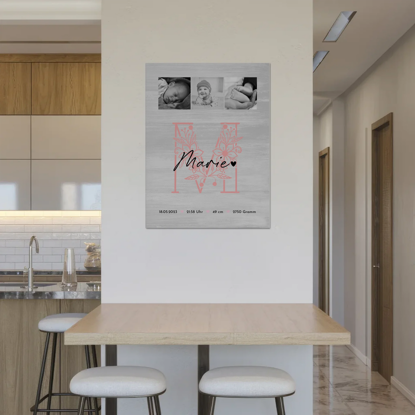 Fotoboard Magnet Wandbild Geburt Baby Fotocollage Geburtsdaten Black White