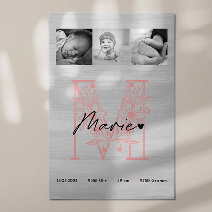 Fotoboard Magnet Wandbild Geburt Baby Fotocollage Geburtsdaten Black White