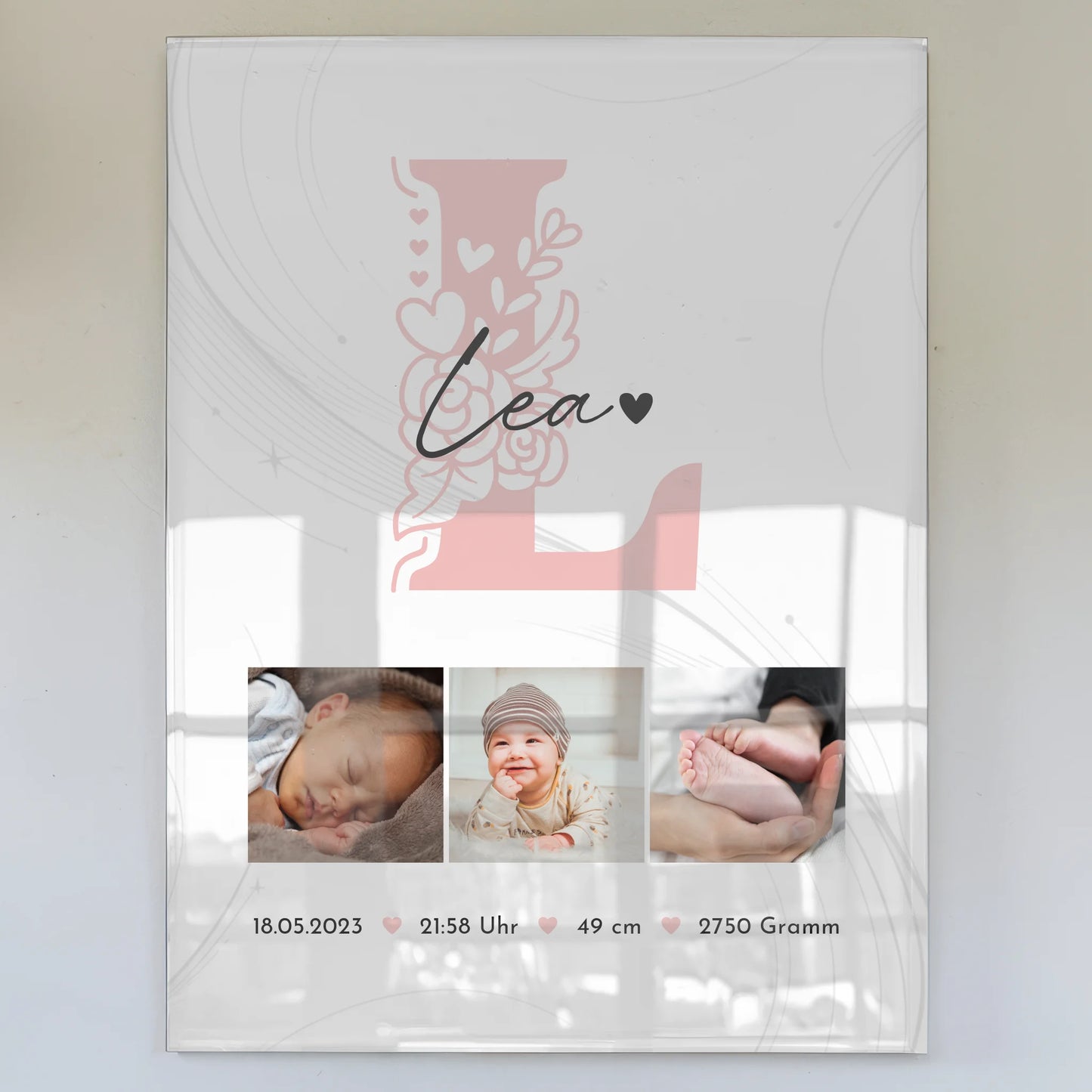 Foto Mit Acrylglas zur Geburt Baby Fotocollage mit Geburtsdaten Initial Lines Elegance Muster 1