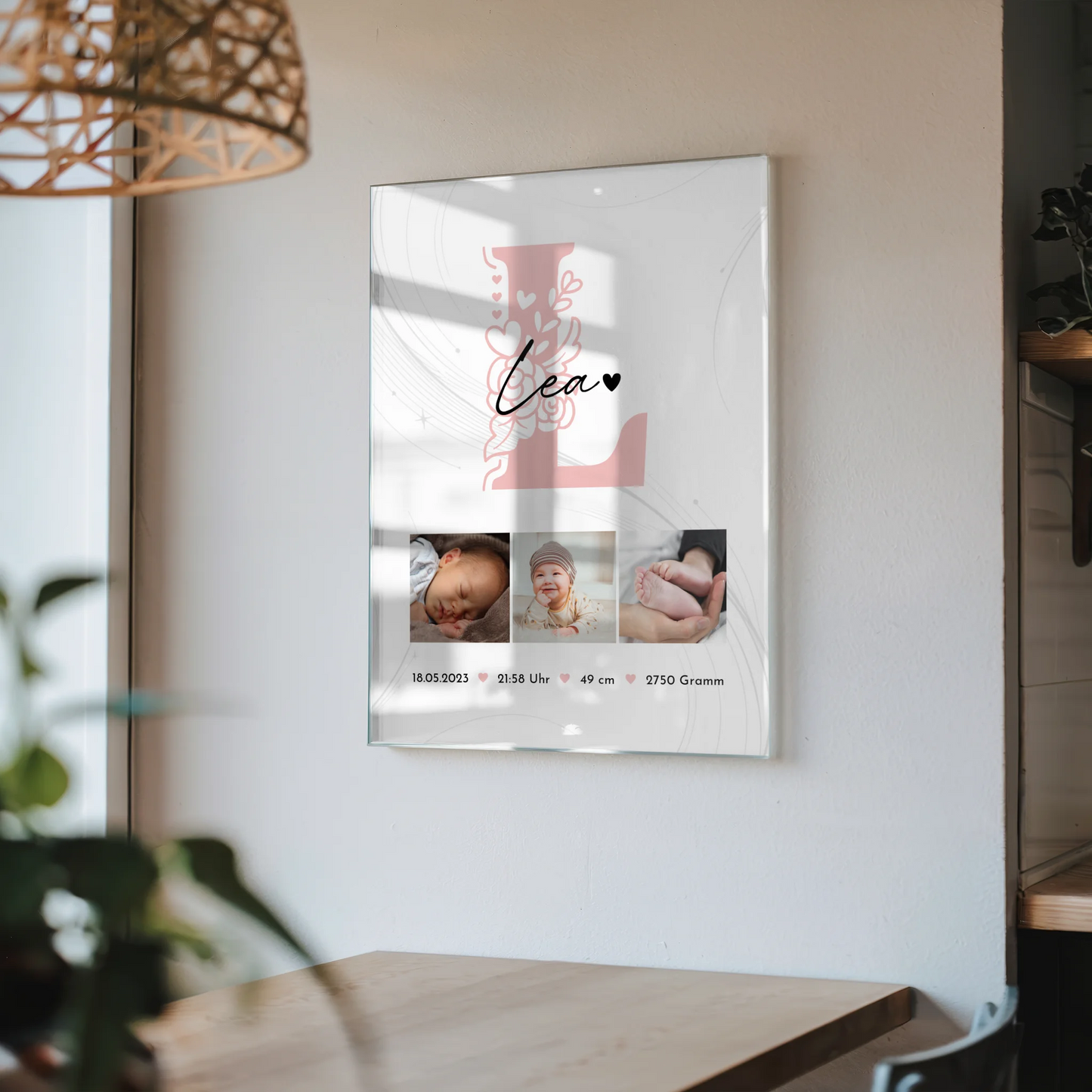 Foto Mit Acrylglas zur Geburt Baby Fotocollage mit Geburtsdaten Initial Lines Elegance Muster 4