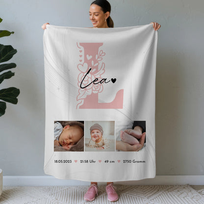 Babydecke Mit Namen Und Geburtsdatum Und Gewicht Fotocollage Geburt Initial Lines Elegance Muster 1