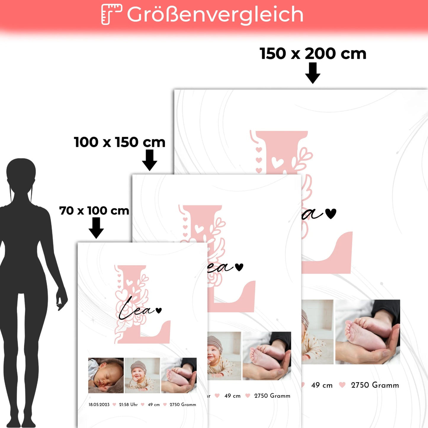 Babydecke Mit Namen Und Geburtsdatum Und Gewicht Fotocollage Geburt Initial Lines Elegance Muster 5