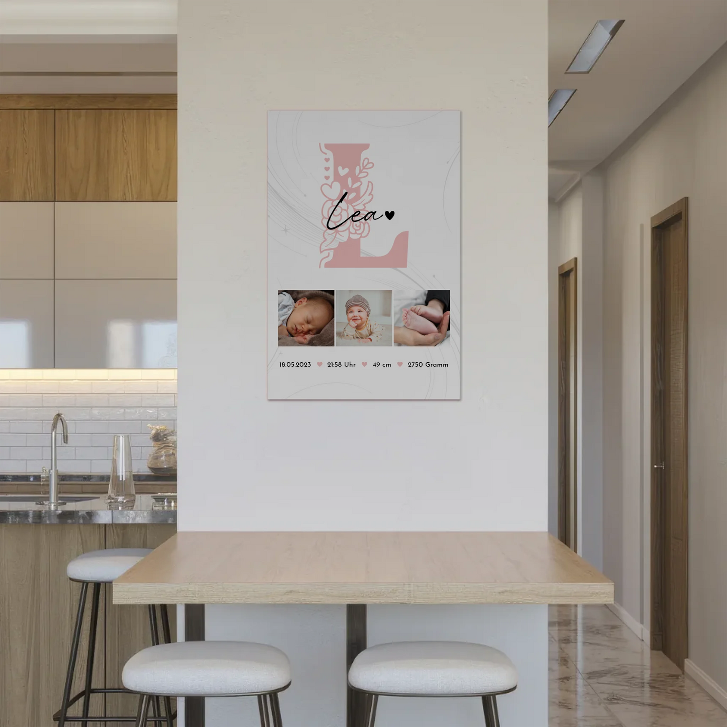 Fotoboard Poster Magnetisch zur Geburt Baby Fotocollage mit Geburtsdaten Initial Lines Elegance Muster 2