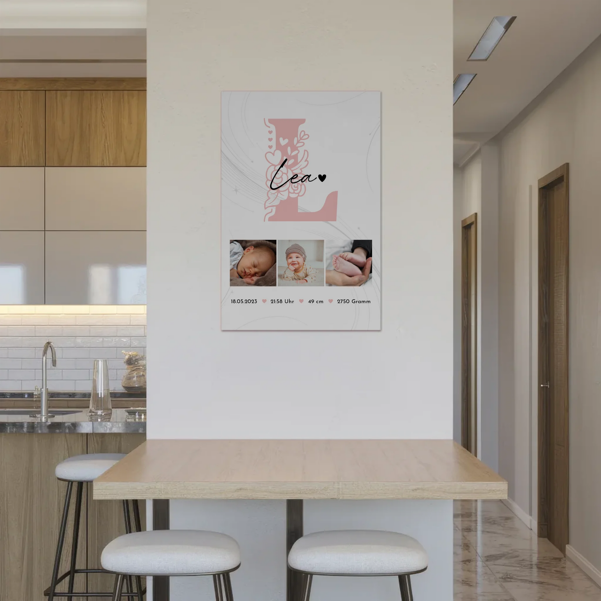 Fotoboard Poster Magnetisch zur Geburt Baby Fotocollage mit Geburtsdaten Initial Lines Elegance Muster 2