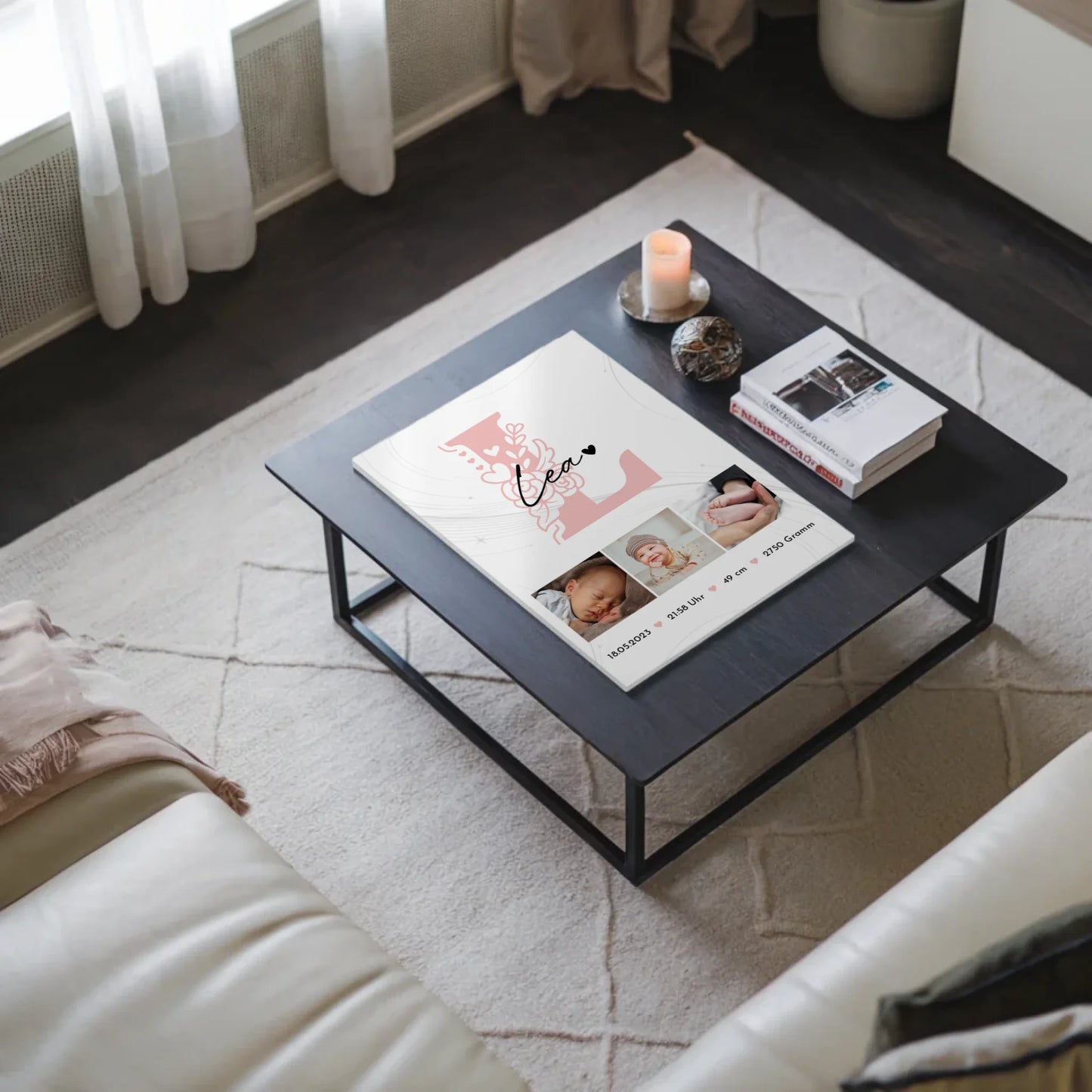 Fotoboard Poster Magnetisch zur Geburt Baby Fotocollage mit Geburtsdaten Initial Lines Elegance Muster 3