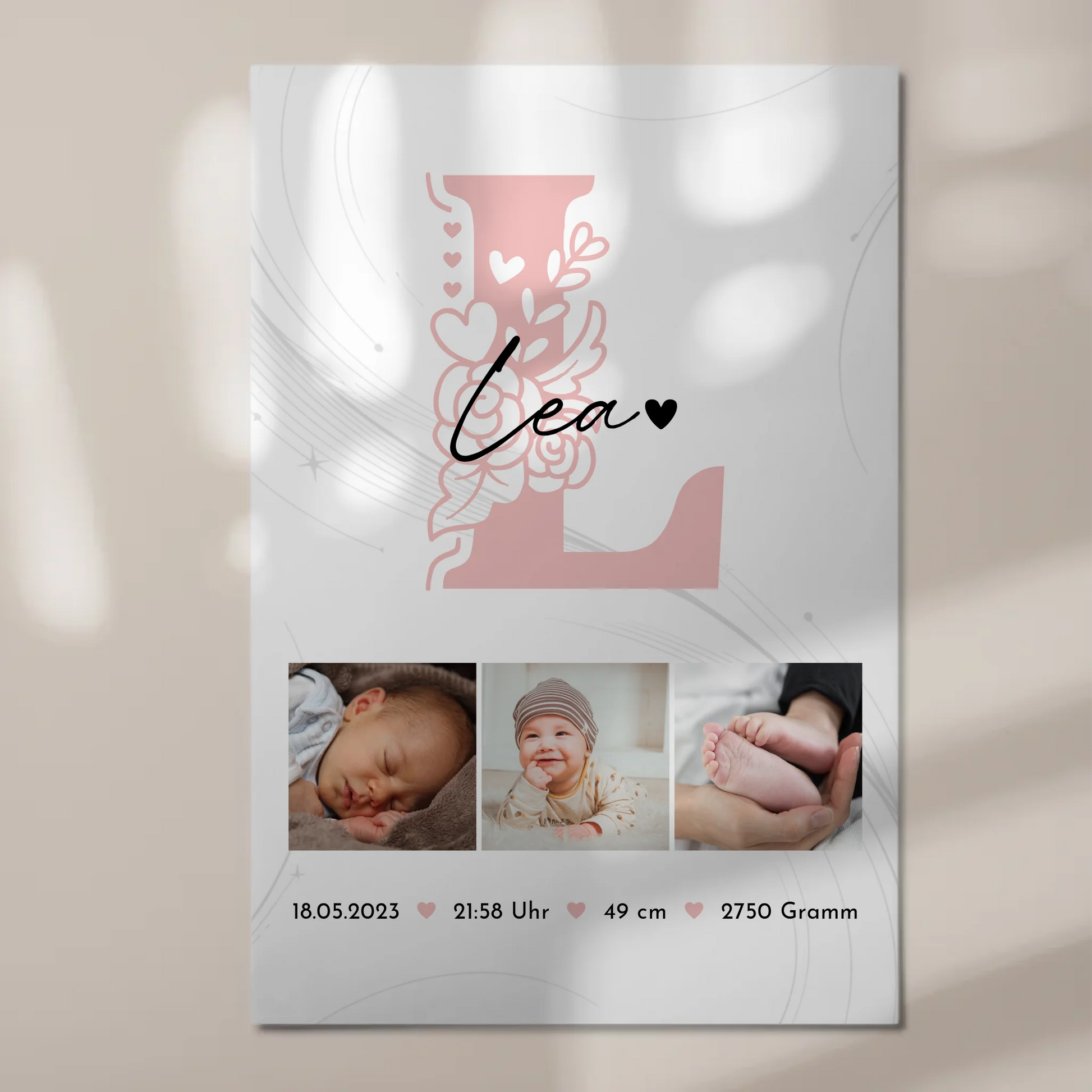 Fotoboard Poster Magnetisch zur Geburt Baby Fotocollage mit Geburtsdaten Initial Lines Elegance Muster 1