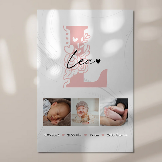 Fotoboard Poster Magnetisch zur Geburt Baby Fotocollage mit Geburtsdaten Initial Lines Elegance Muster 1
