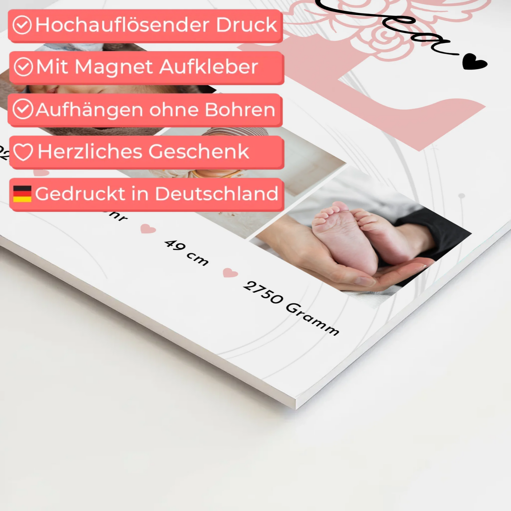 Fotoboard Poster Magnetisch zur Geburt Baby Fotocollage mit Geburtsdaten Initial Lines Elegance Muster 4